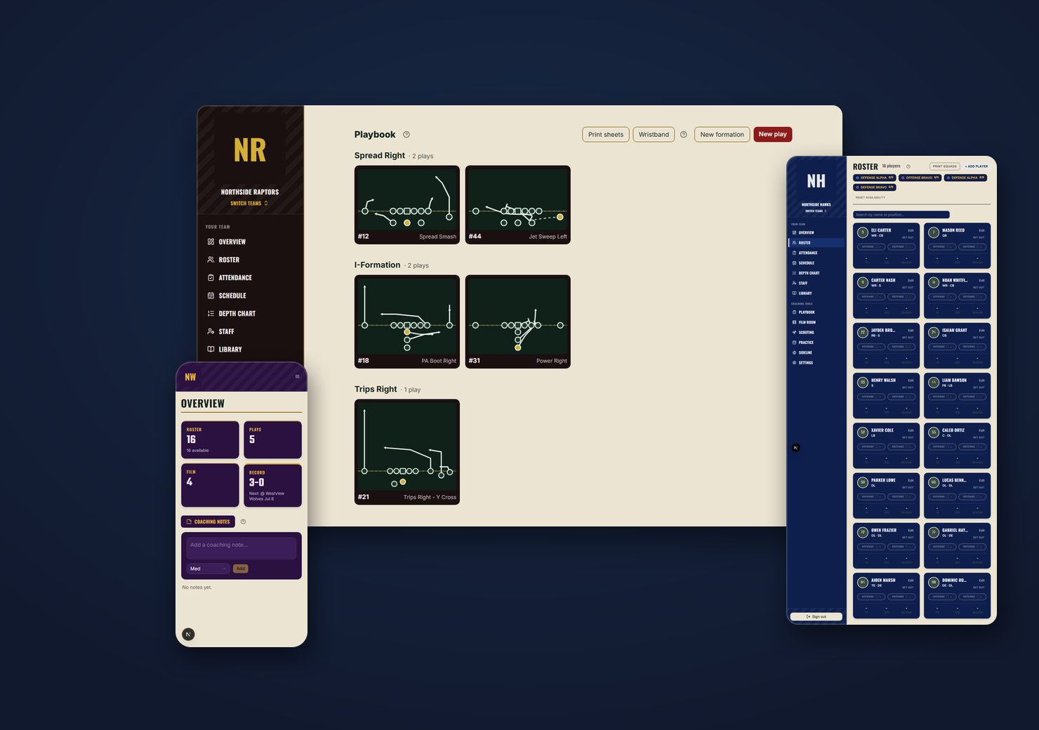 CoachScript running on a laptop, tablet, and phone, each in its own team colors